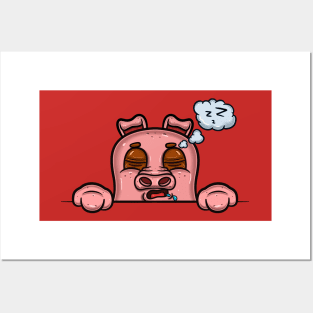 Pig Cartoon With Sleep Face Expression Posters and Art